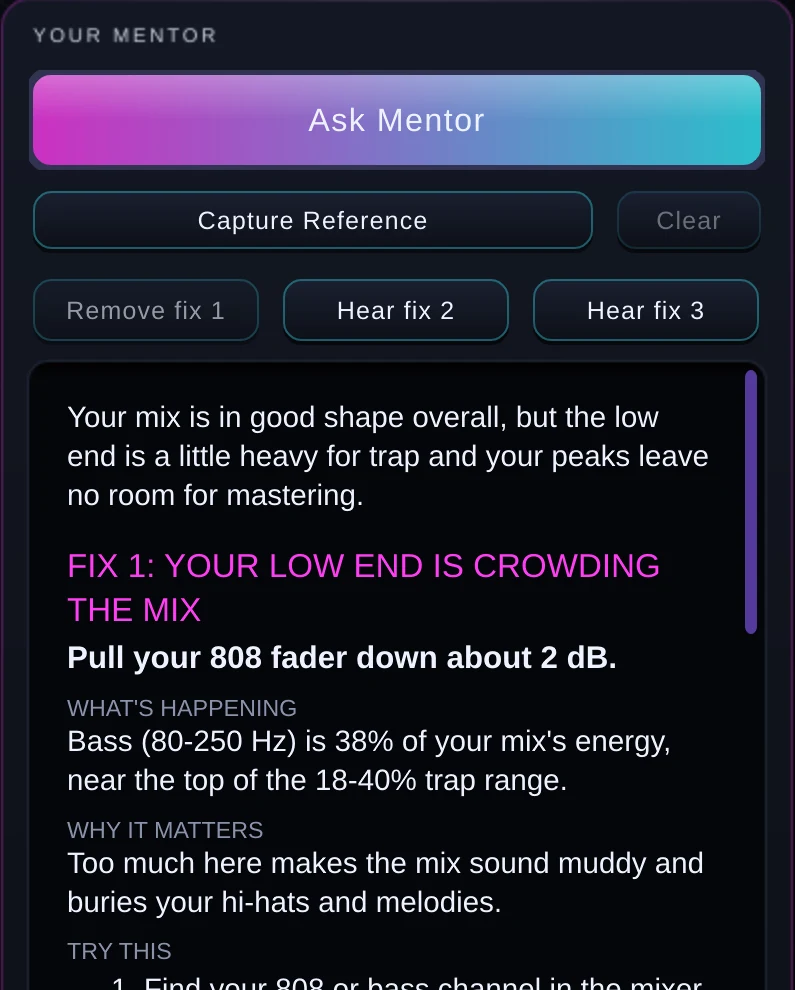 Focal's mentor panel: Fix 1, your low end is crowding the mix, with what's happening, why it matters, and steps to try.