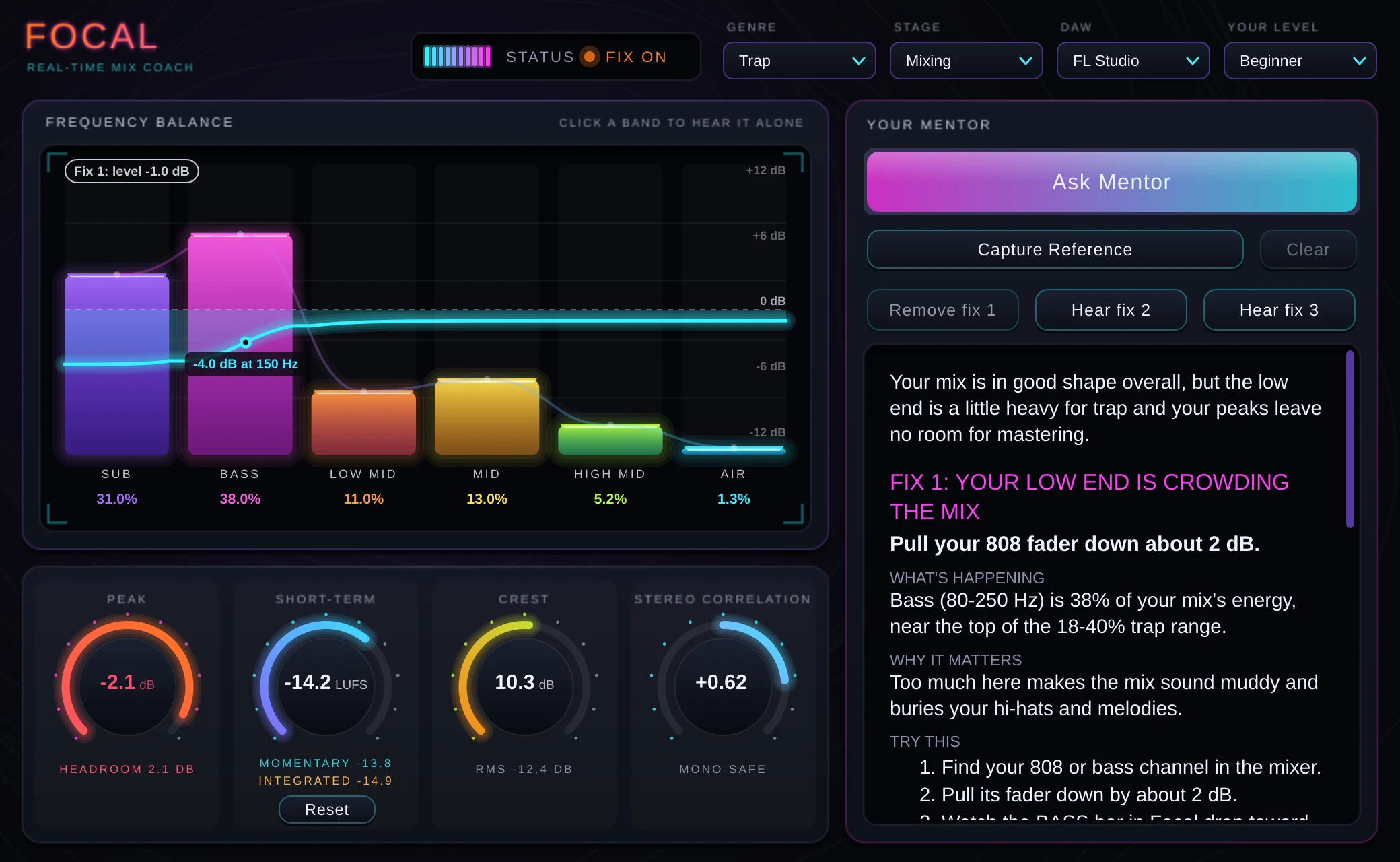 The Focal plugin window: frequency balance bars, loudness and stereo meters, and a mentor panel explaining that the low end is crowding the mix.